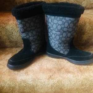 Coach Women's Sherman Signature Black/Grey Suede Leather Boots